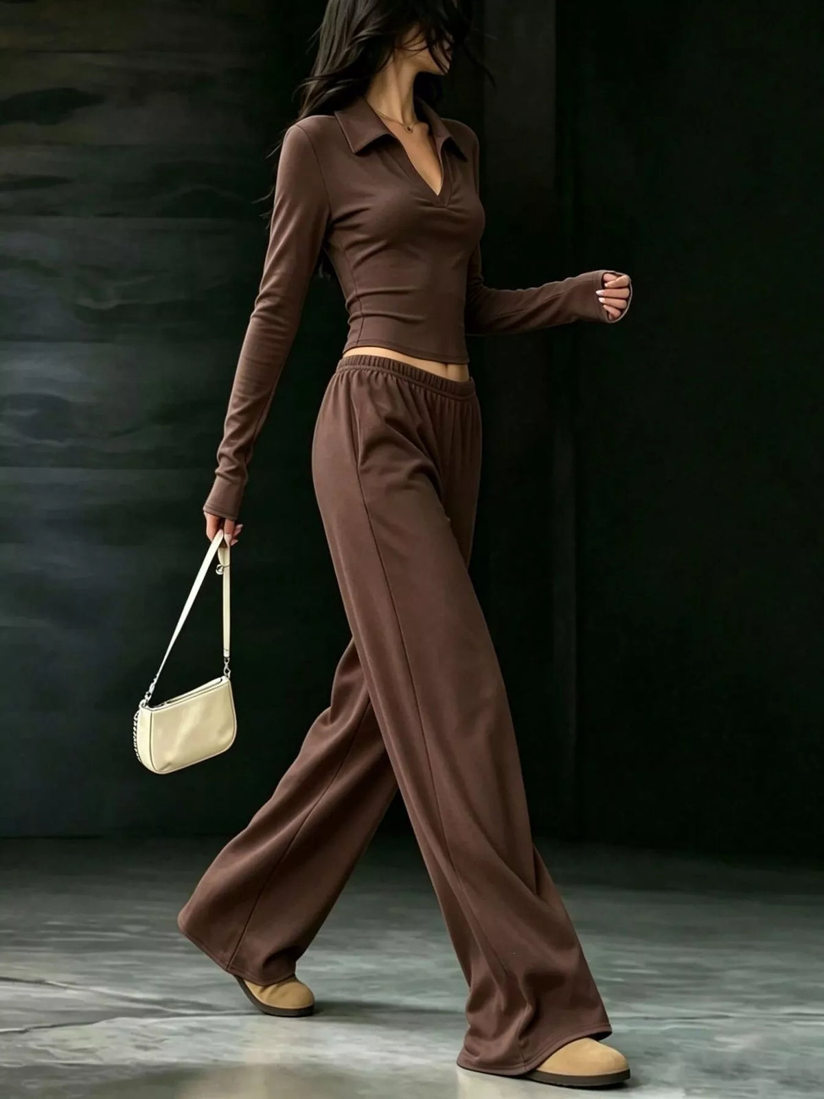 Solid Color Long Sleeve Polo Collar Top and Wide Leg Pants Set - Dark Brown - View 2