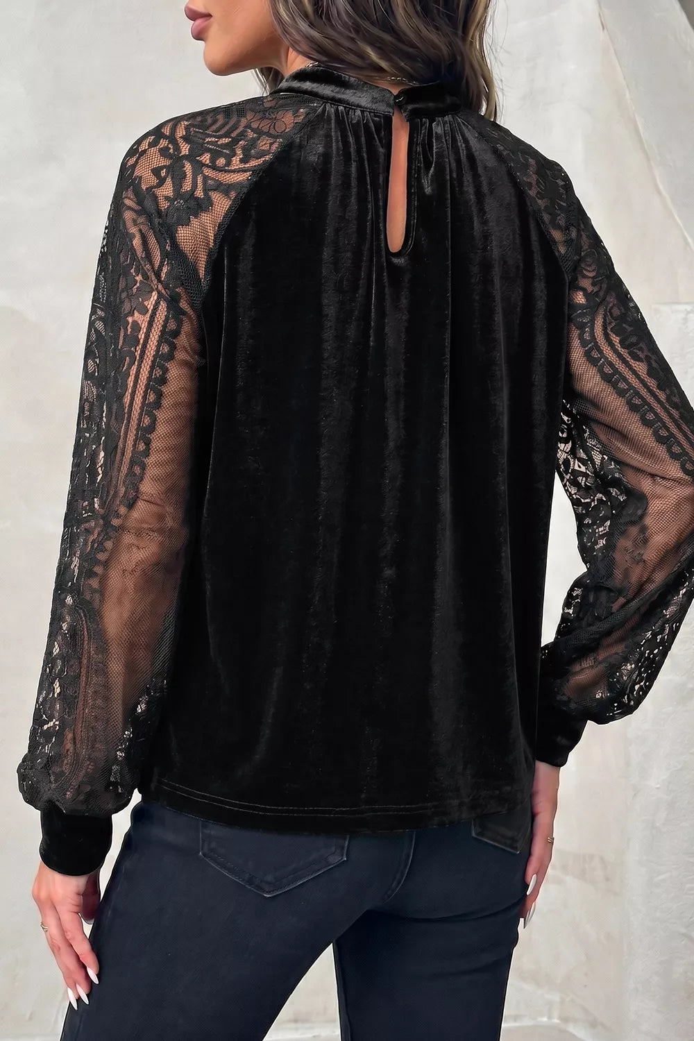 Solid Color Sheer Lace Long Sleeve Patchwork Stand Neck Velvet Blouse - Black - View 6