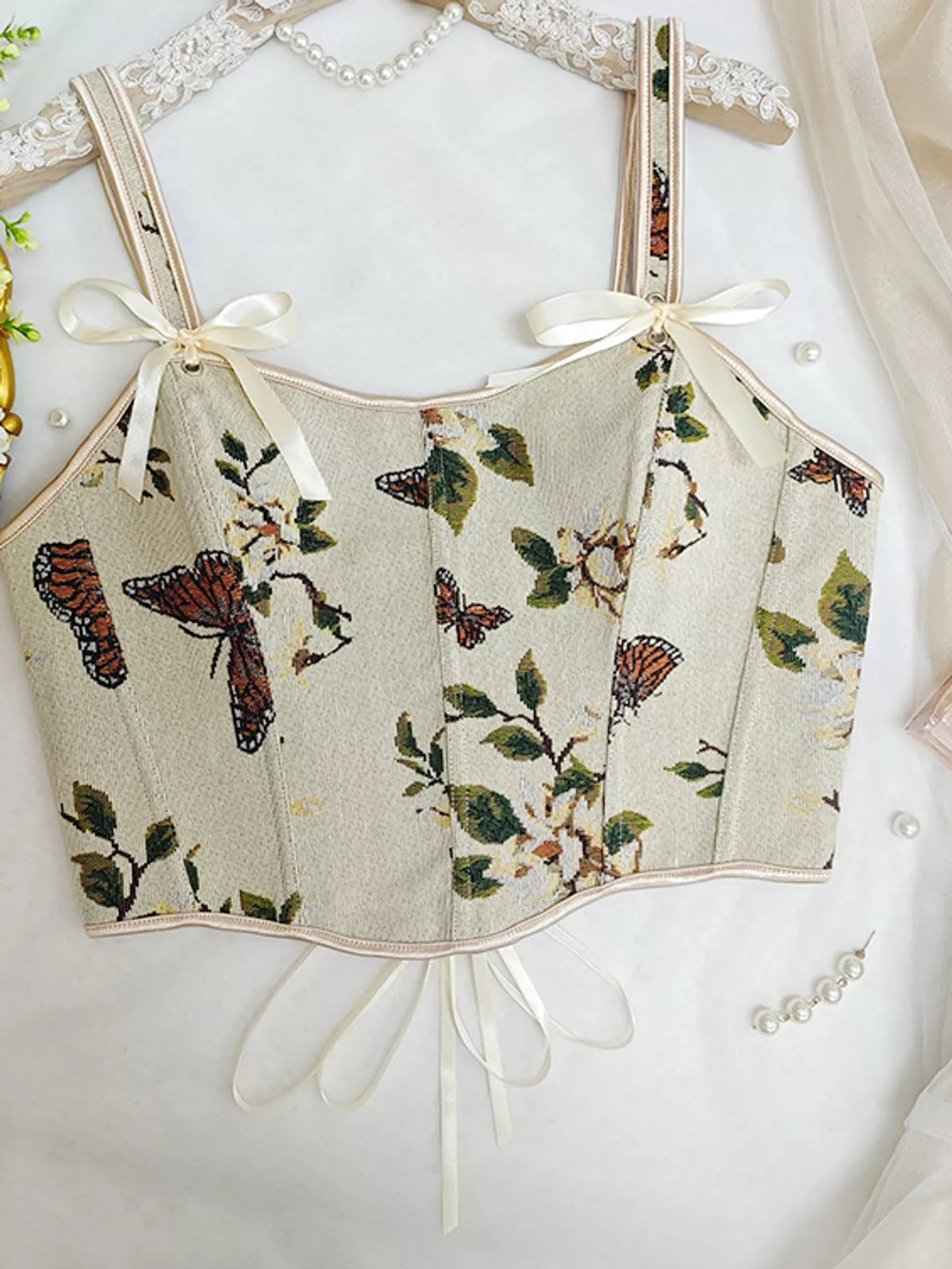 Floral Lace Up Back Tank - Apricot - View 14