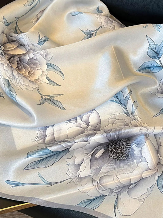 Floral Print Silk Square Scarf - Light Gray - View 2
