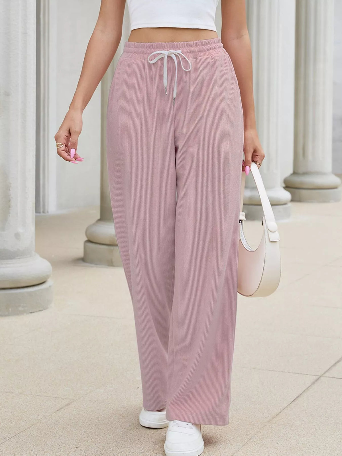 High-Waisted Drawstring Wide-Leg Casual Pants - Pink - View 2
