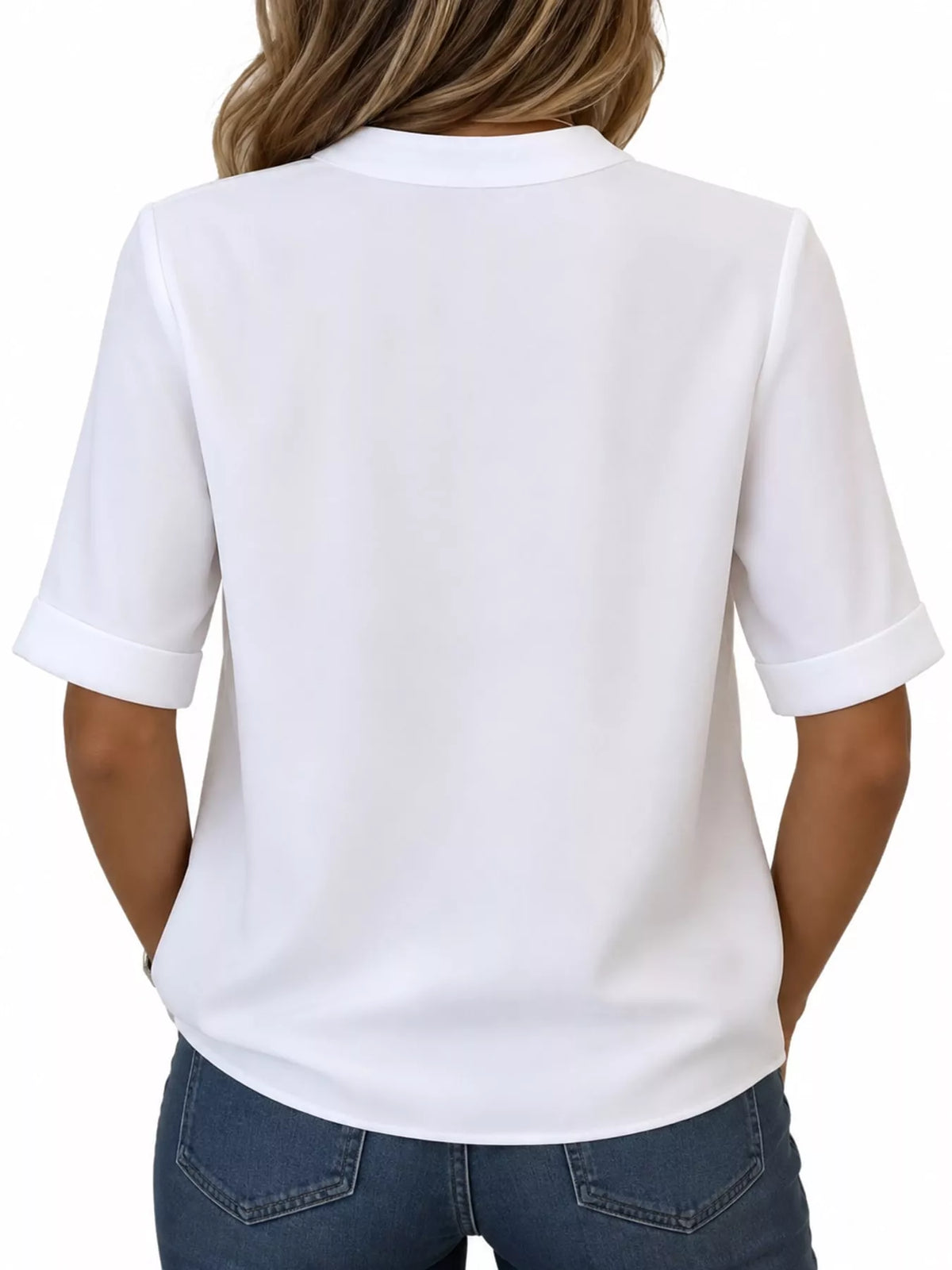 Full Size Notched Short Sleeve Blouse Plus Size - White - View 14