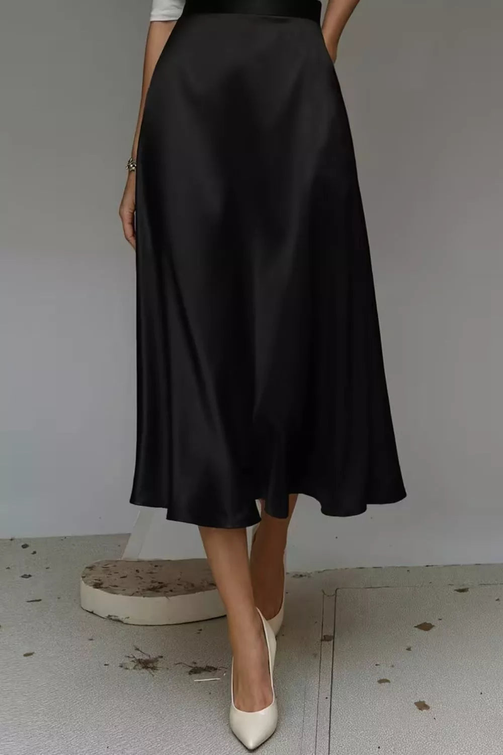 Satin A-Line Midi Skirt - Black - View 9