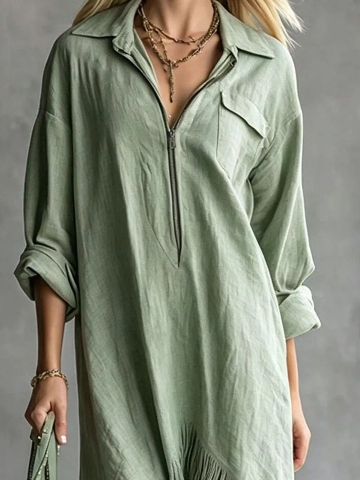Zipper-Front Fringe Hem Midi Dress - Sage - View 3