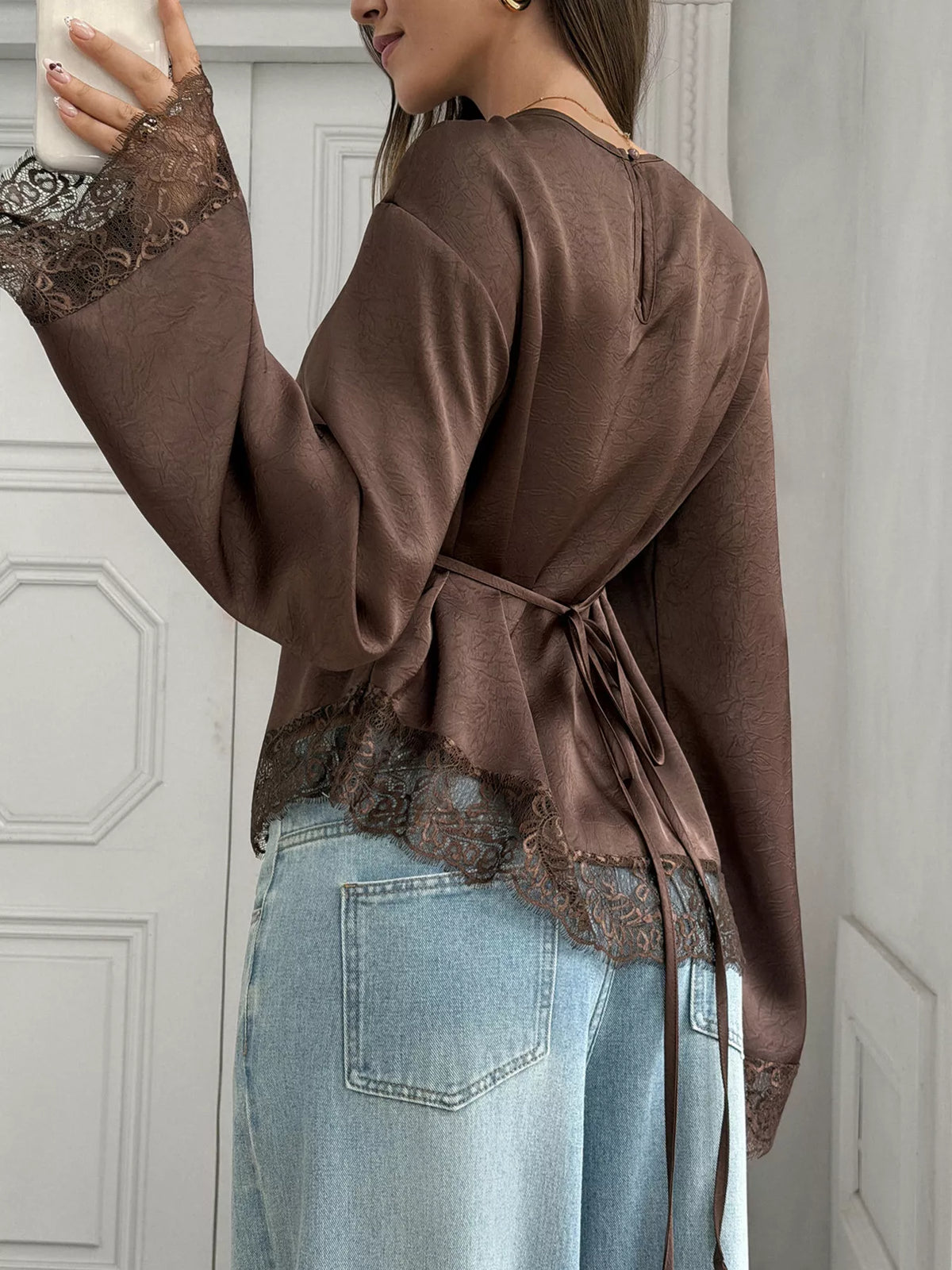 Lace Trim Flare Sleeves Satin Blouse - Brown - View 2