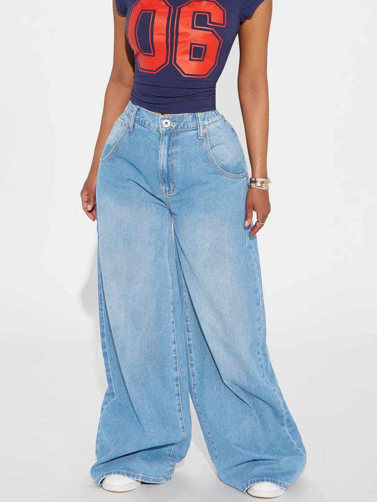 Full Size High-Waisted Wide-Leg Jeans Plus Size - Light Blue - View 3