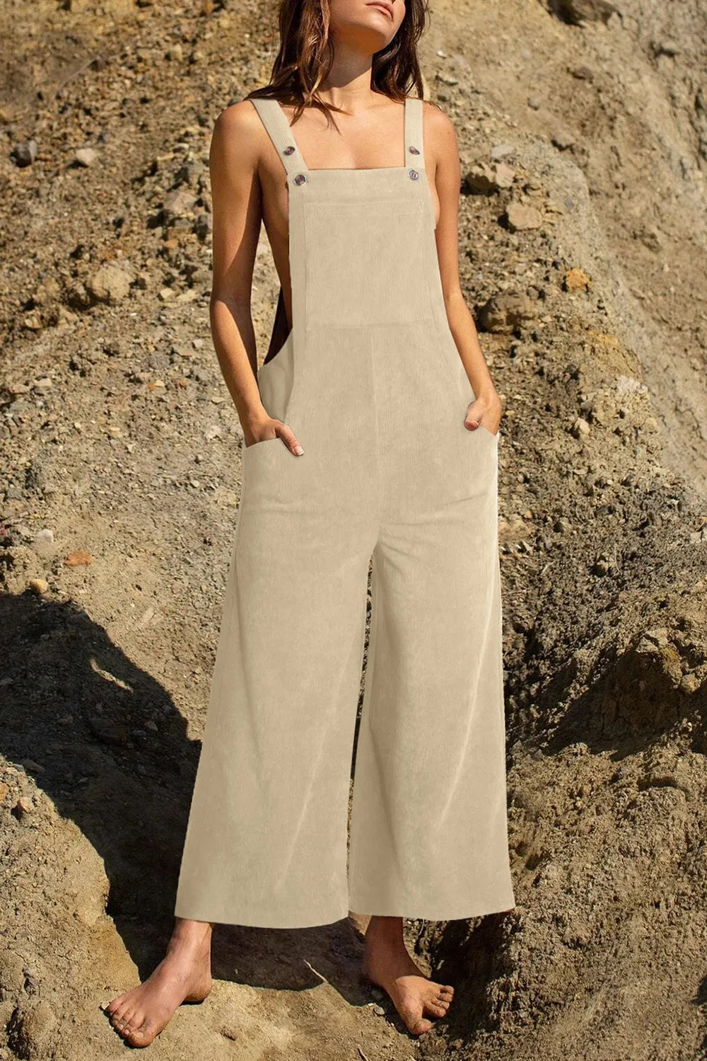 Pocketed Wide Leg Overall - Ivory - View 19