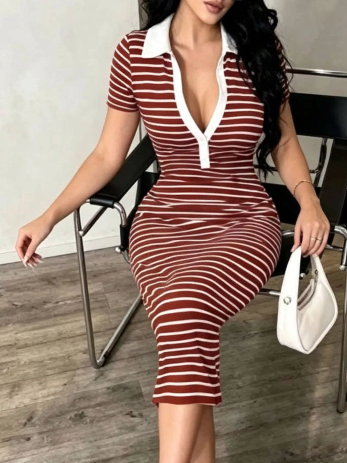Striped Short Sleeve Bodycon Midi Dress - Burgundy - View 1