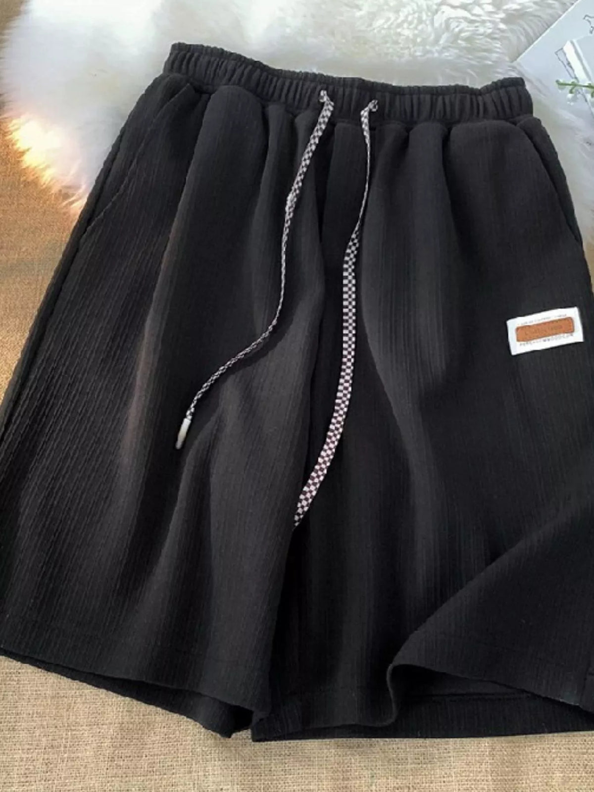 Plus Size Checkerboard Drawstring Casual Shorts - Black - View 5