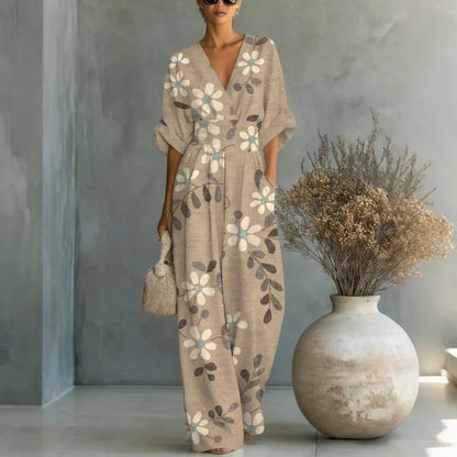 Elegant waist cinched V-neck printed women's jumpsuit