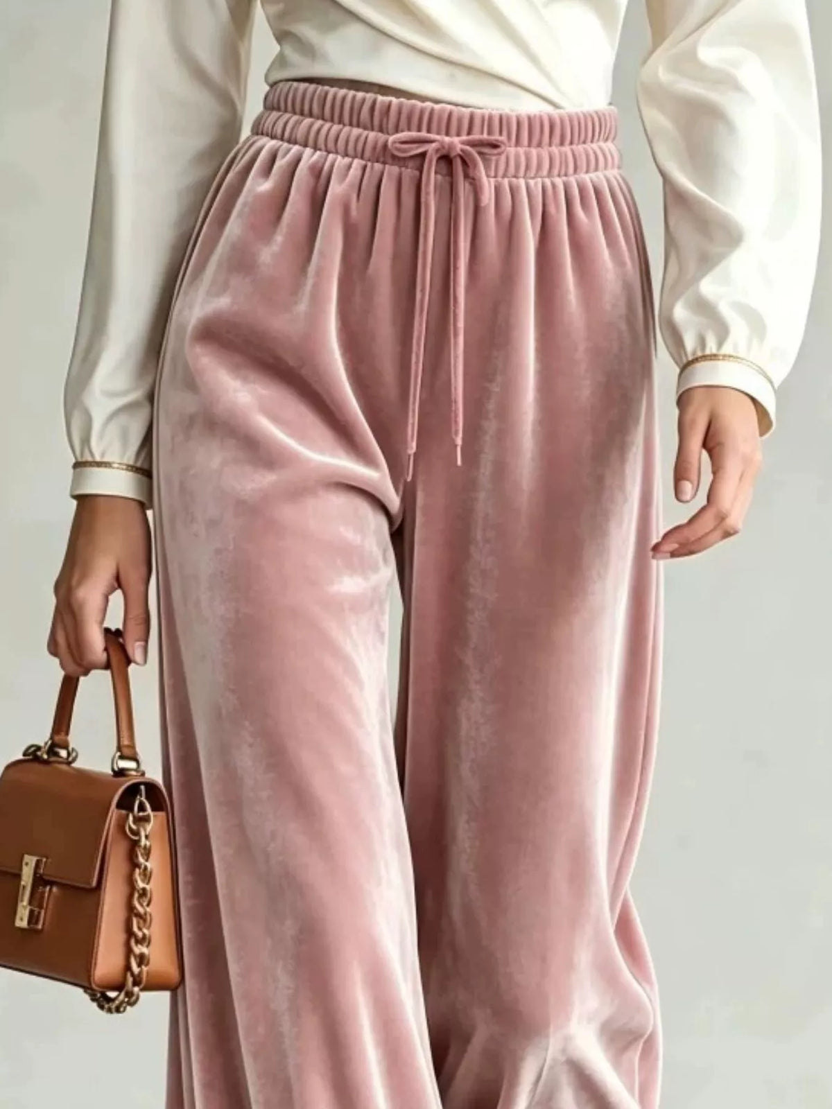 Velvet Wide-Leg Pants with Drawstring - Pink - View 2