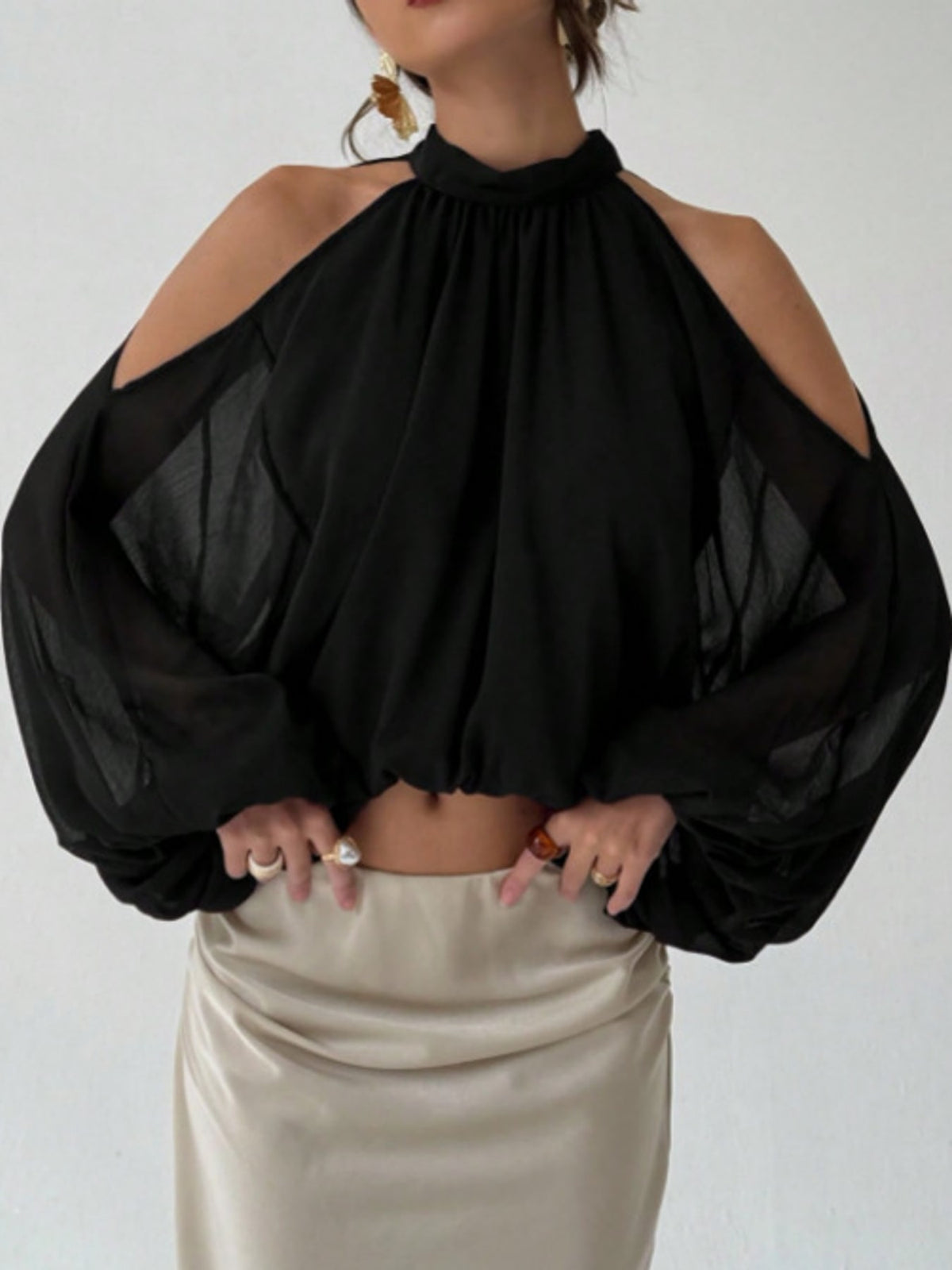Cold-Shoulder Long Sleeve Blouse - Black - View 6
