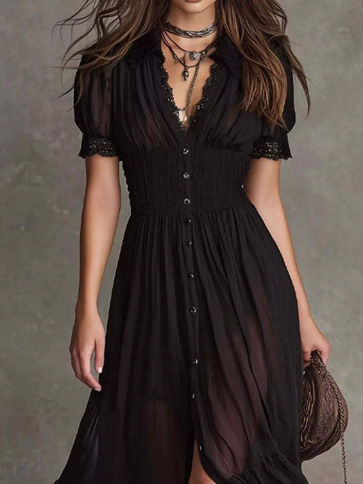 Button-Down Midi Dress with Lace Trim - Black - View 2