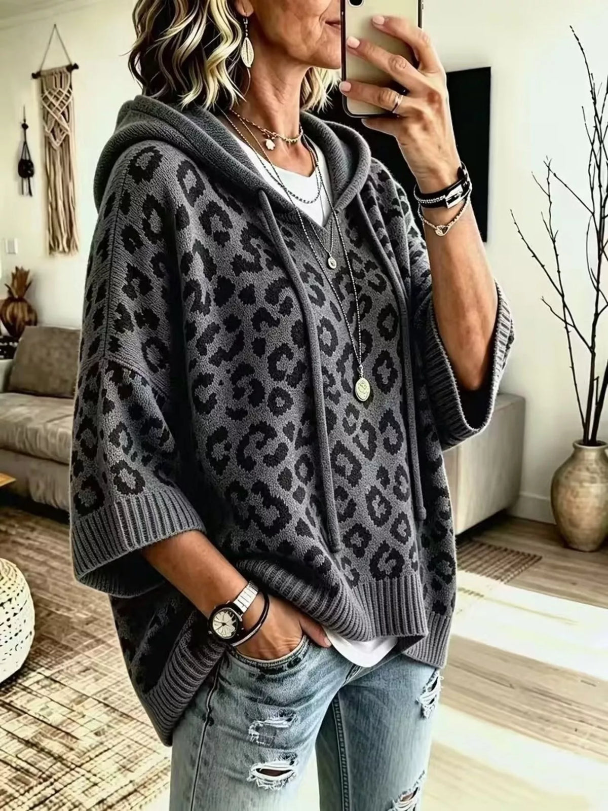 Drawstring Leopard Hooded Sweater - Dark Gray - View 7