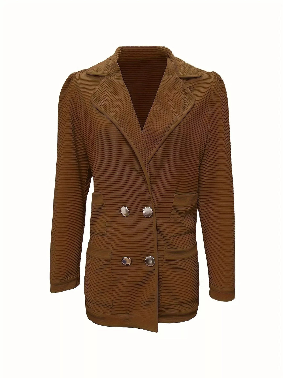 Texture Knit Double-Breasted Blazer - Coffee - View 8