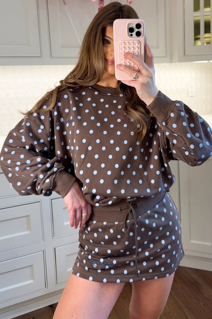 Brown Polka Dot Bow-Detail Skort Set