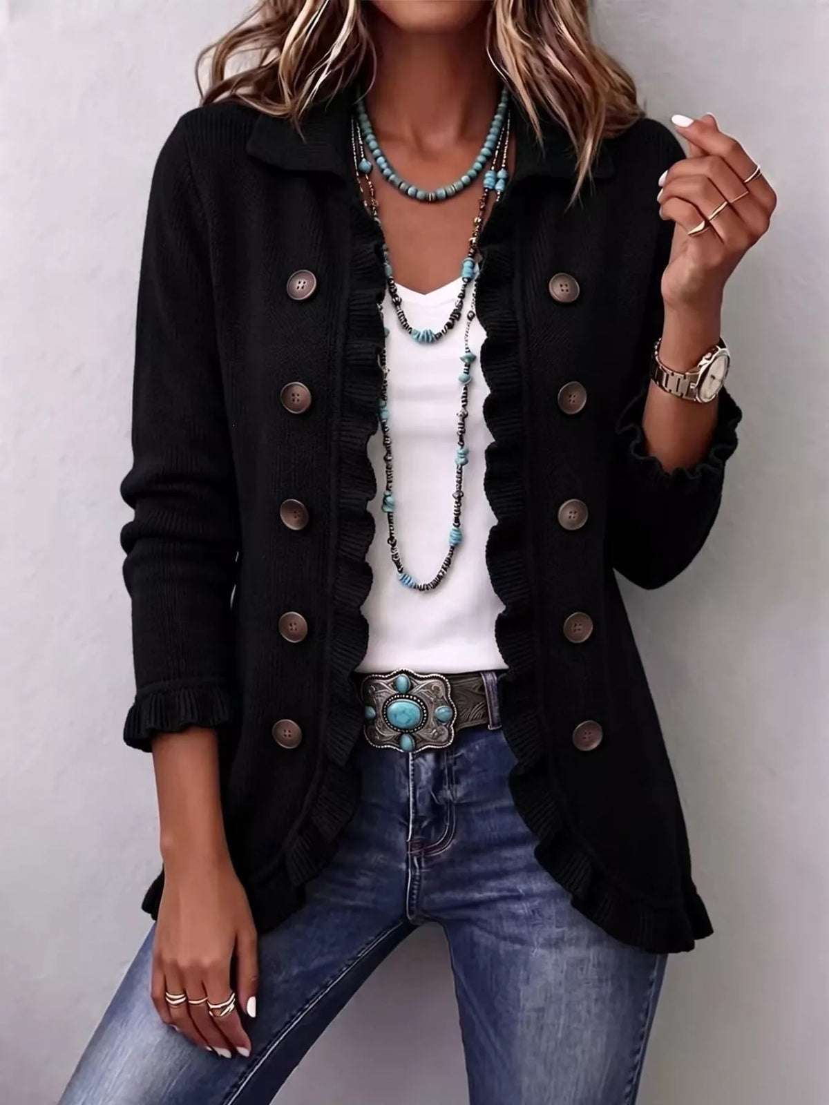 Full Size Ruffled Trim Decorative Button Cardigan Plus Size - Black - View 1