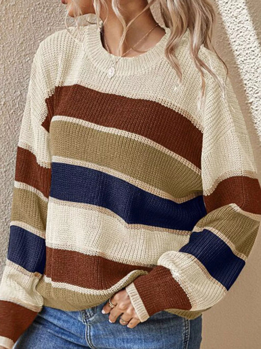 Color Block Striped Crew Neck Sweater - Apricot - View 2