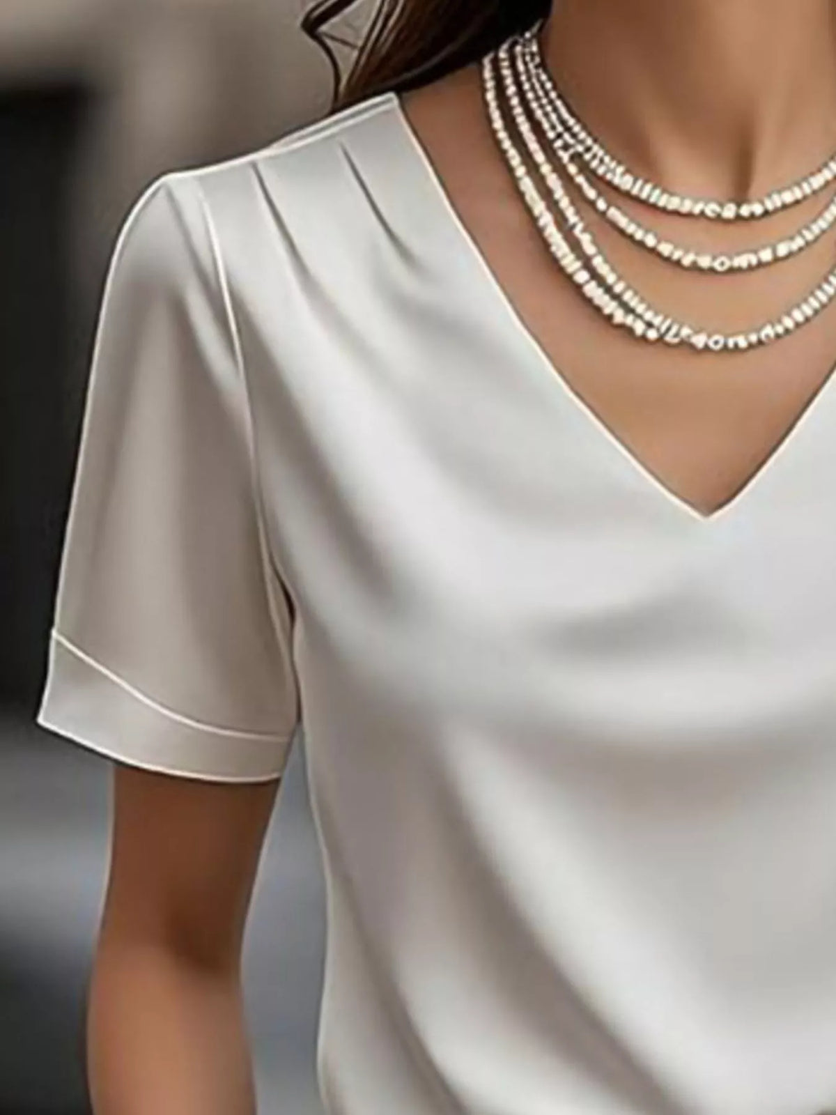 V-Neck Short Sleeve Satin Blouse - White - View 6
