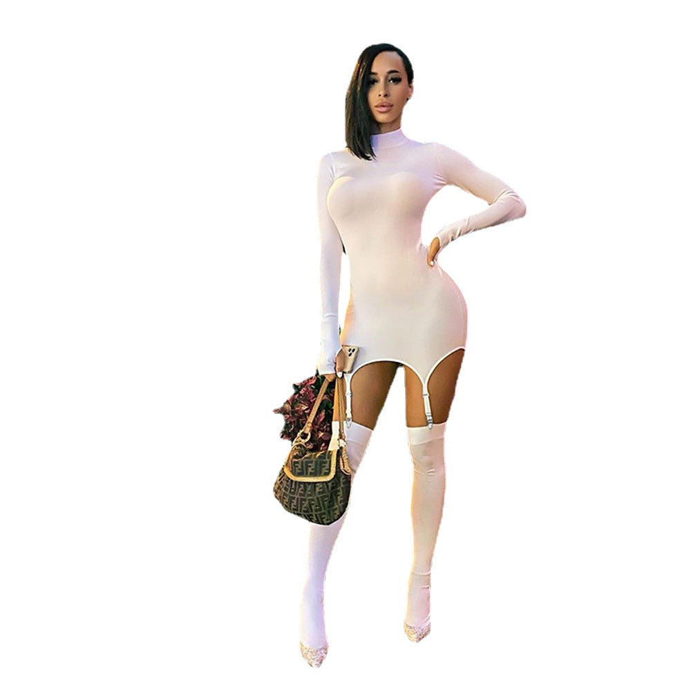 Fashionable Two-Piece Set for Women High-Neck Bodycon Dress with Stockings Style Sleeveless Dress
