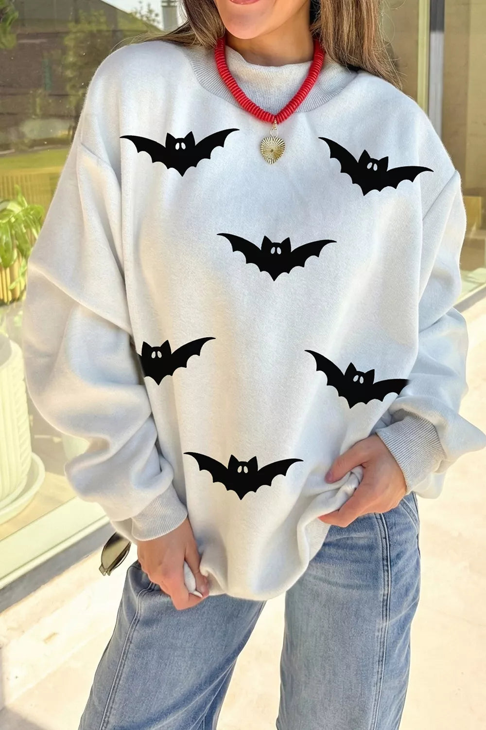 Halloween BOO & Bat Printed Reversible Mock Neck Sweatshirt - Light Gray - View 1
