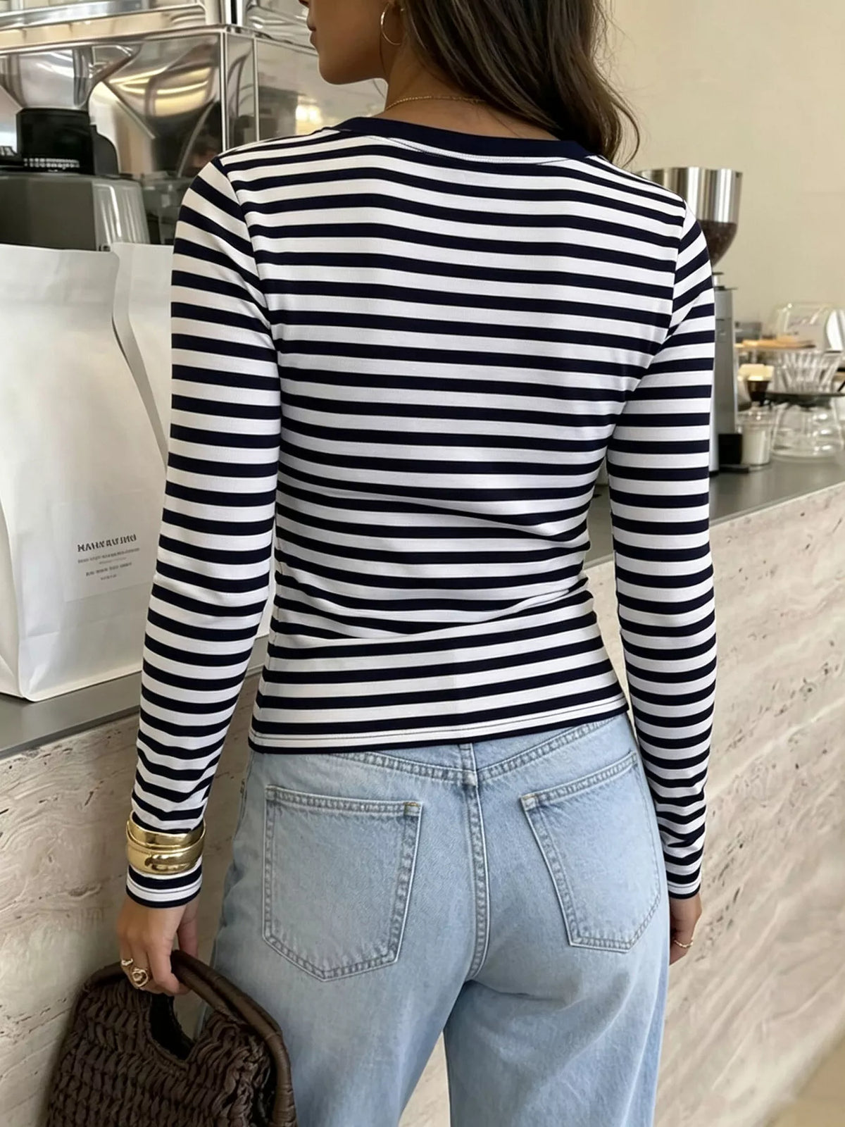Striped V-Neck Long Sleeve T-Shirt - Black - View 4