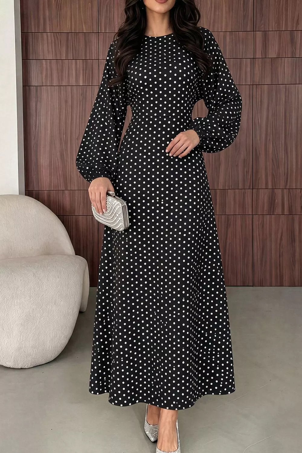 Polka Dot Long Sleeve Maxi Dress - Black - View 5