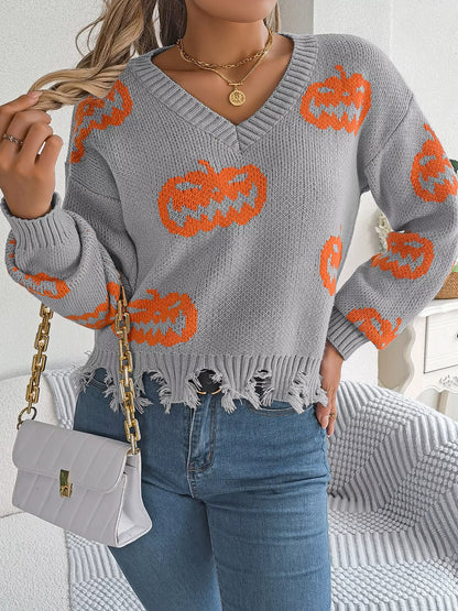 Pumpkin Distressed Hem Sweater - Gray - View 3