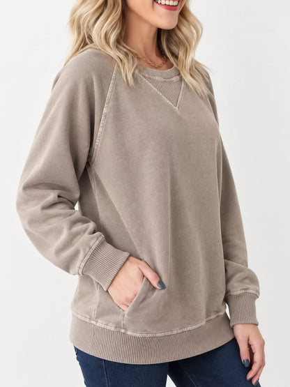 Crew Neck Raglan Sleeve Sweatshirt - Mocha - View 2
