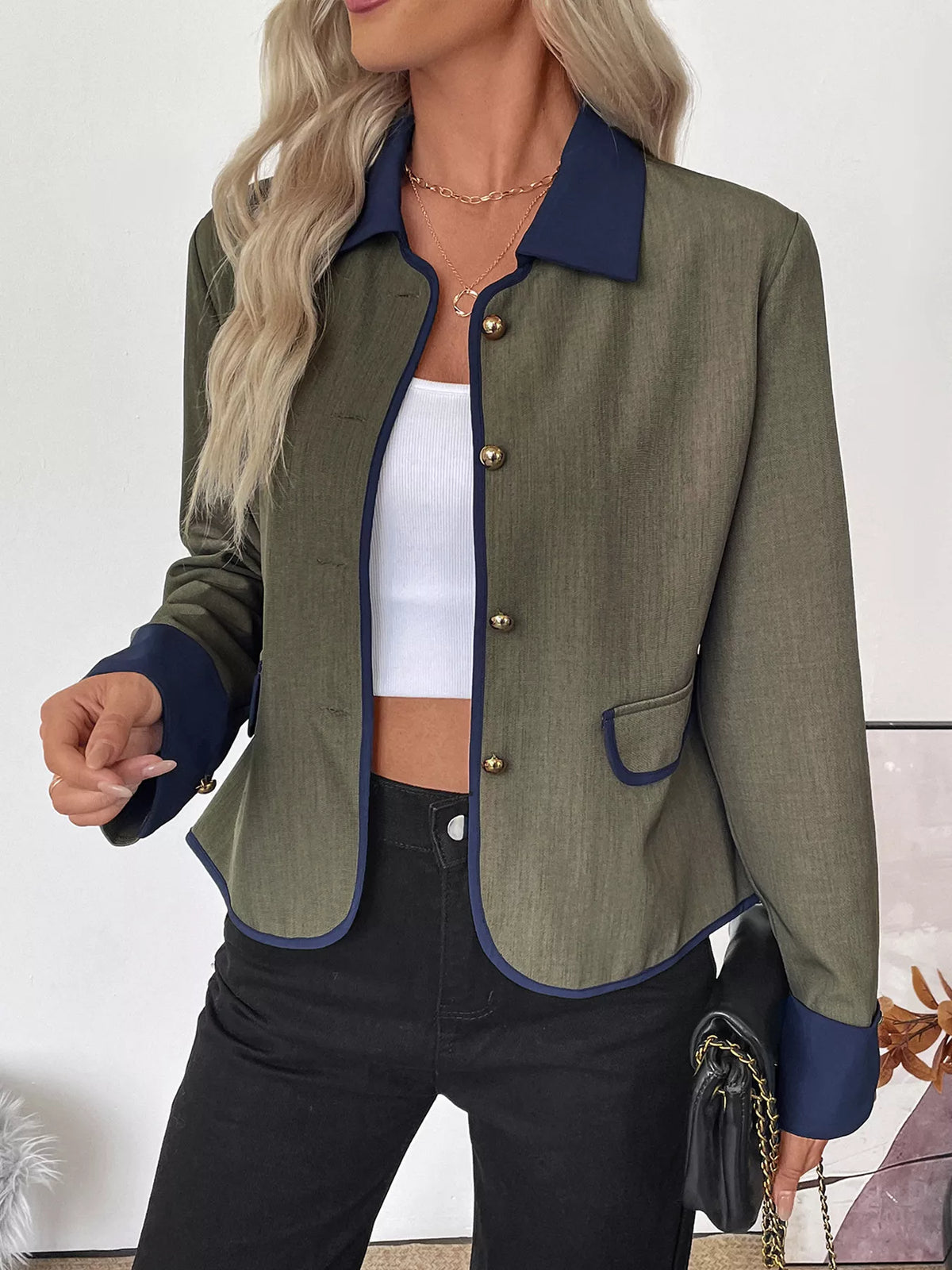 Contrast Trim Button-Up Jacket - Green - View 1