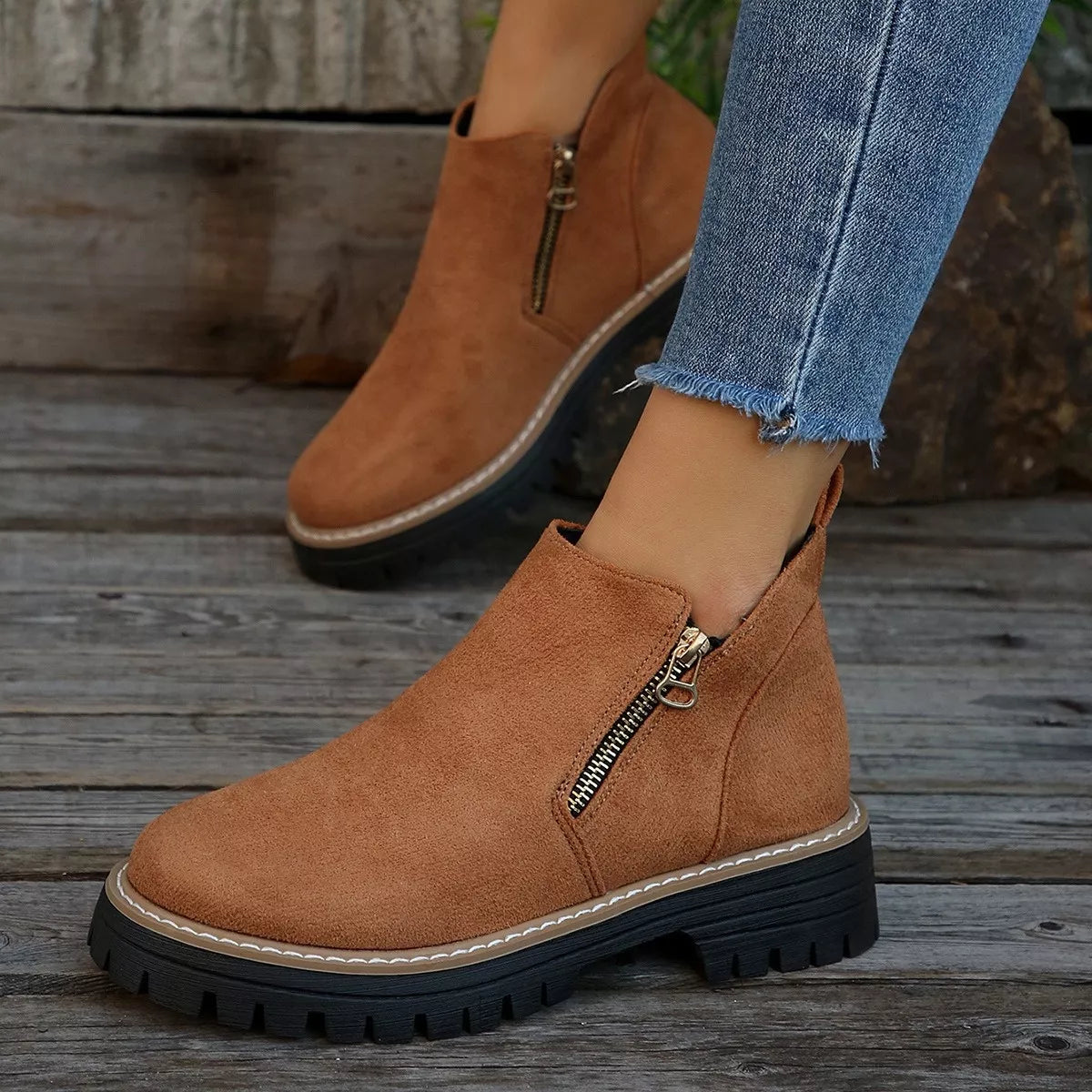 Ankle Boots with Zipper Detail - Brown - View 7
