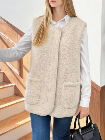 Sherpa Sleeveless Vest Coat - Beige - View 1