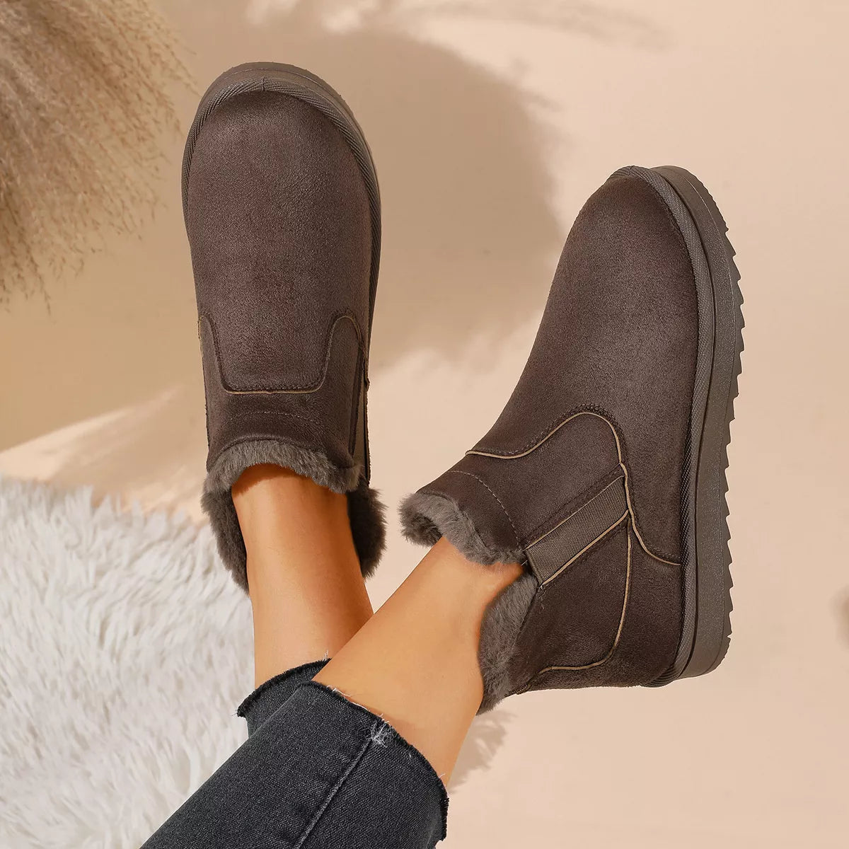 Plush Lined Winter Ankle Boots - Khaki - View 3