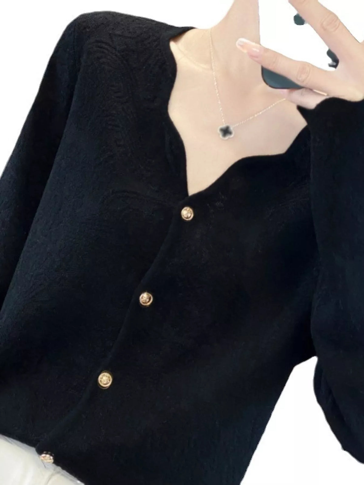 Lace V-Neck Cardigan - Black - View 7