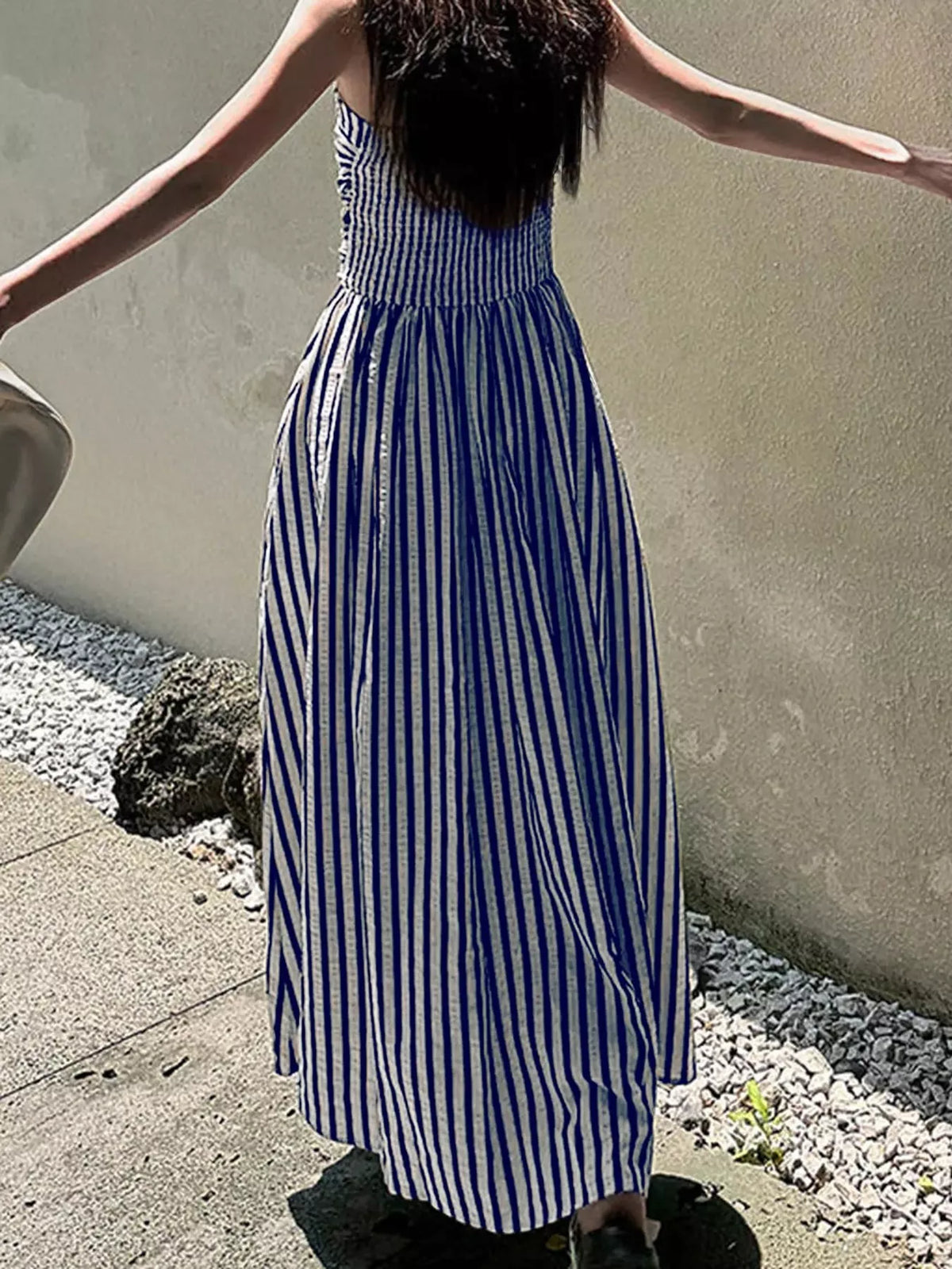 Striped Spaghetti Strap A-Line Maxi Dress - Blue - View 8