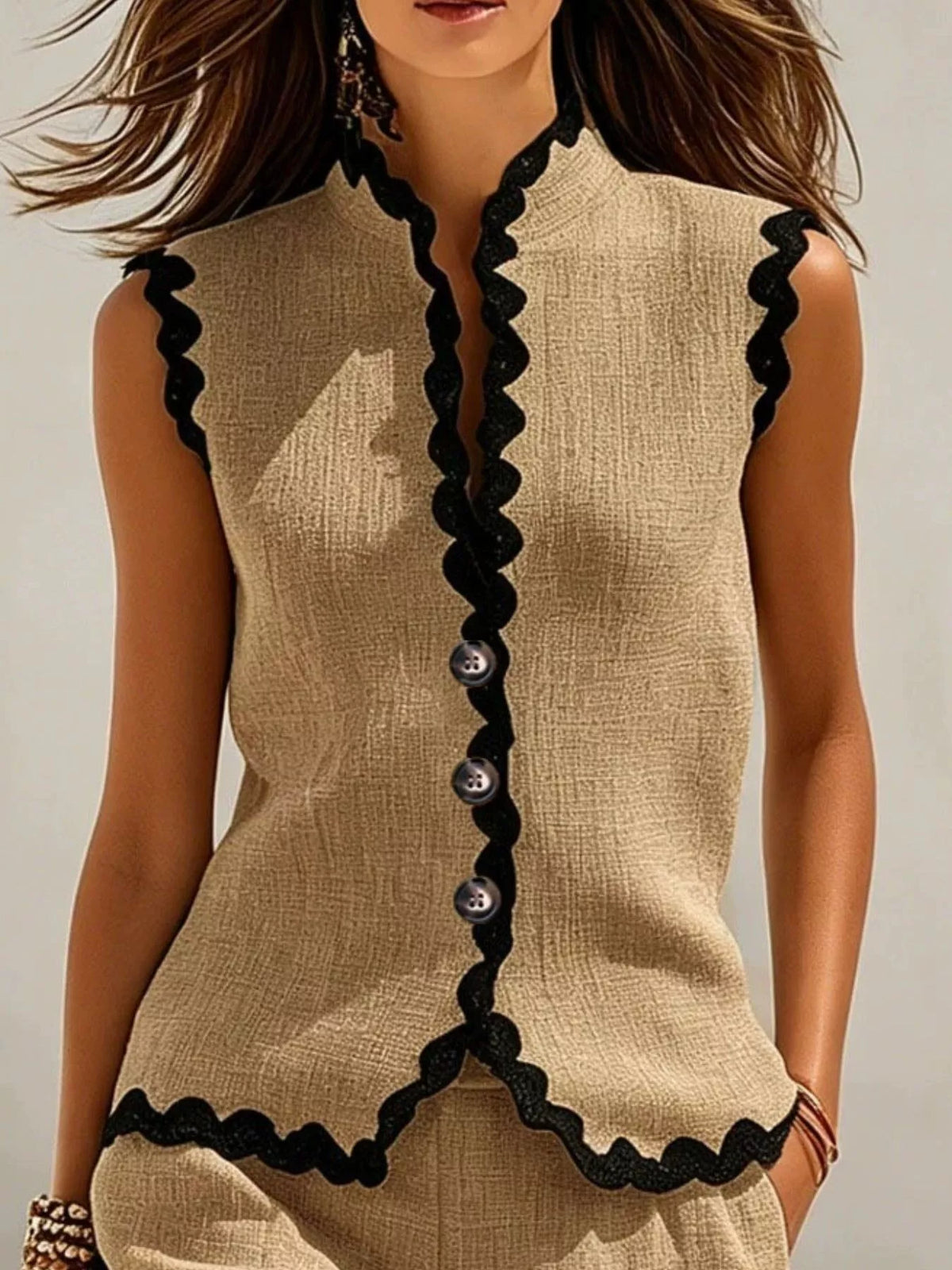 Full Size Scalloped Trim Sleeveless Vest and Shorts Two-Piece Set Plus Size - Khaki - View 2