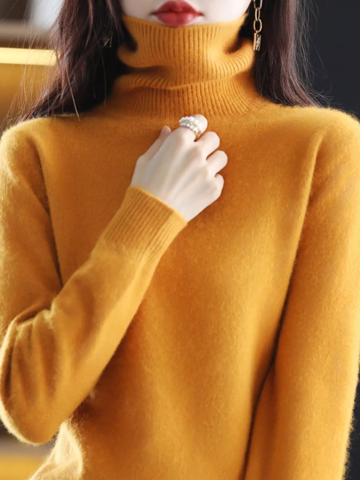 Full Size Turtleneck Long Sleeve Sweater Plus Size - Mustard Yellow - View 31