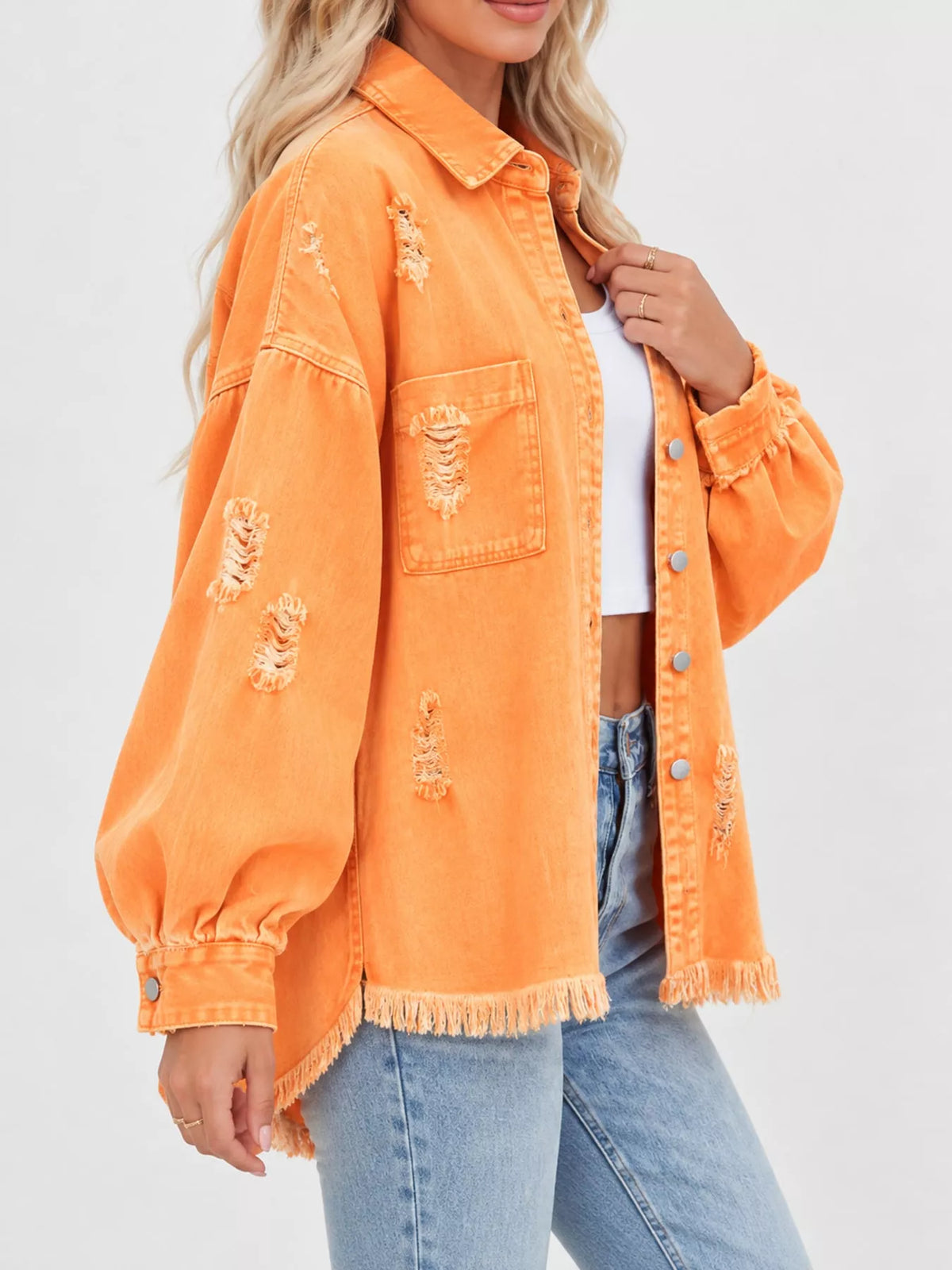 Distressed Raw Hem Denim Jacket - Orange - View 9
