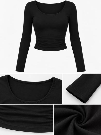 Slim-Fit Long Sleeve U-Neck Cropped T-Shirt - Black - View 7