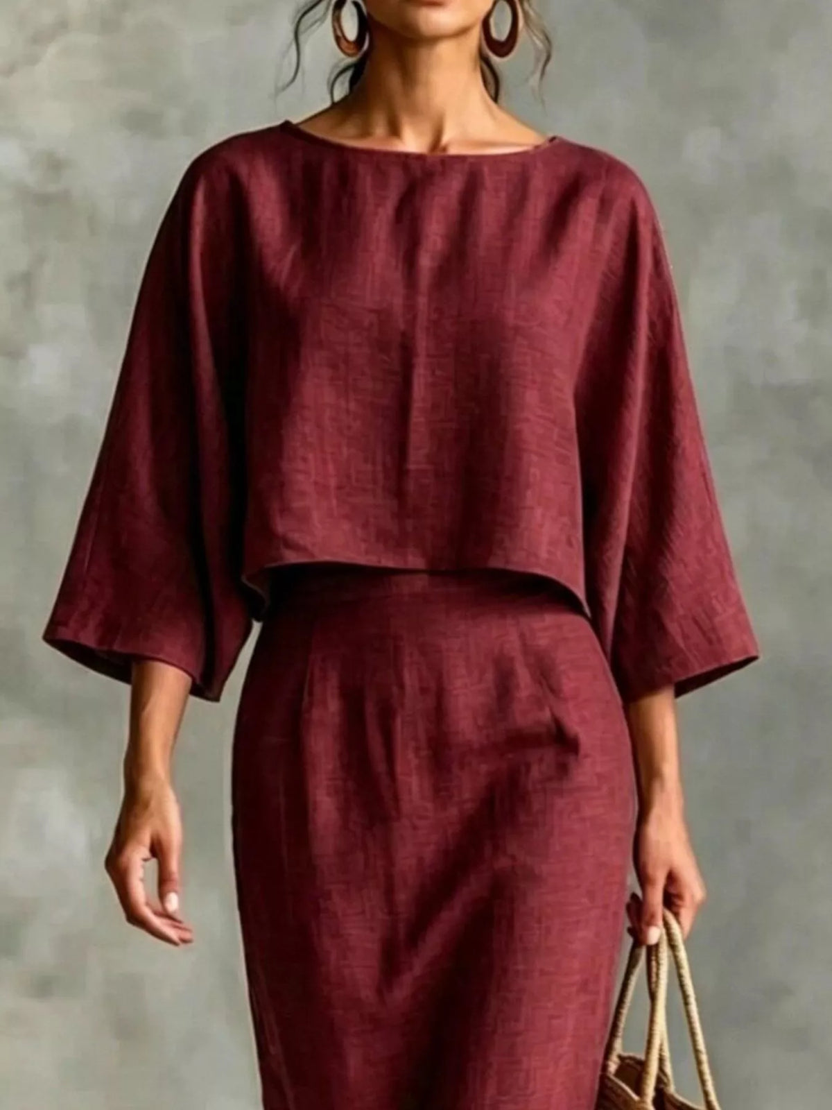 Full Size Solid Color Cropped Top and Midi Skirt Set Plus Size - Burgundy - View 2