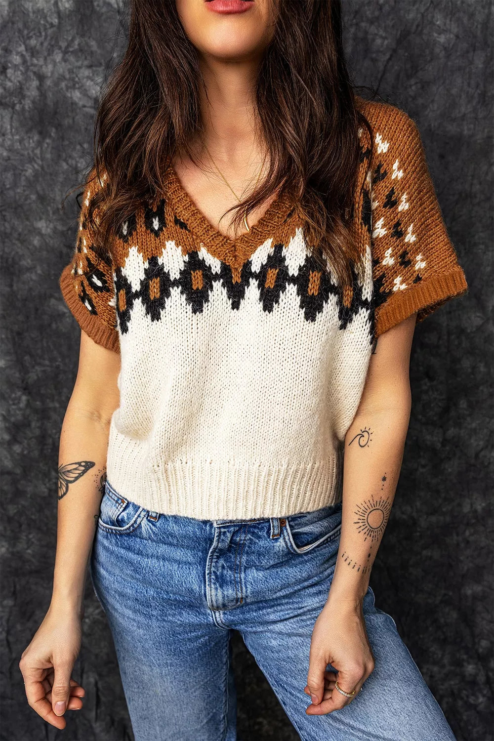 V Neck Short Sleeve Geometric Sweater - Brown - View 1