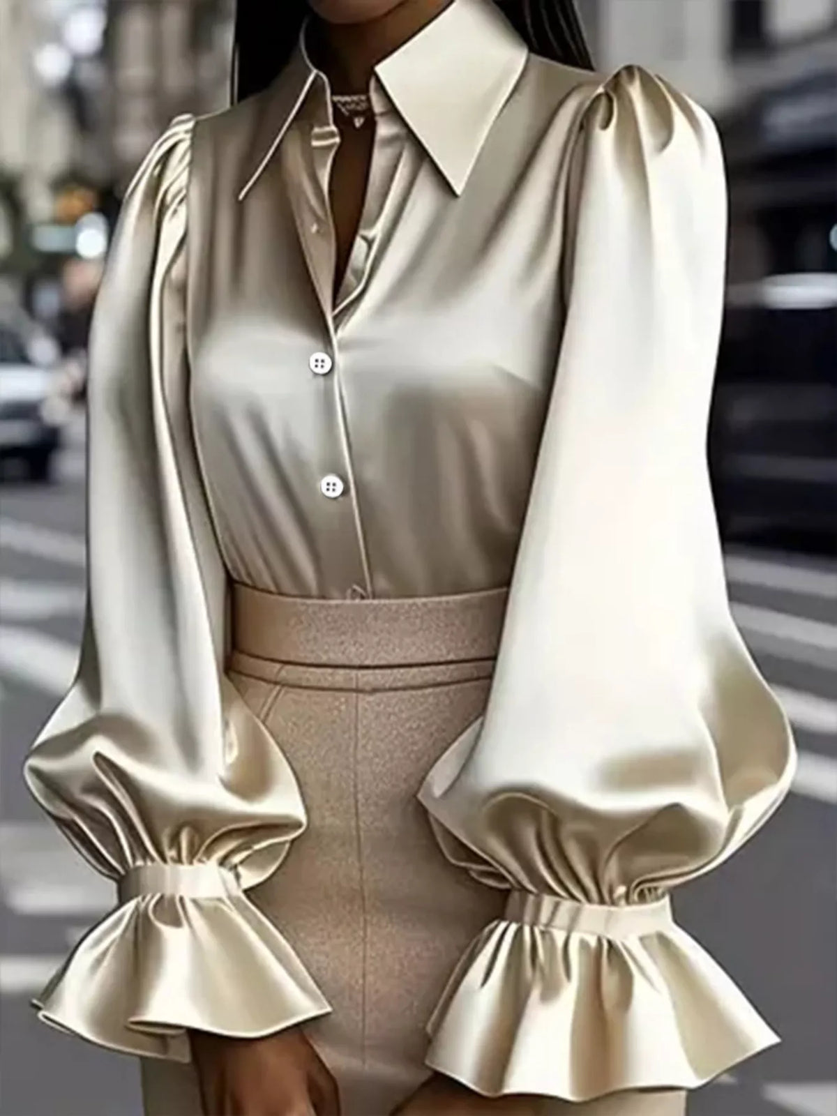 Satin Button Up Flounce Sleeve Shirt - Apricot - View 2
