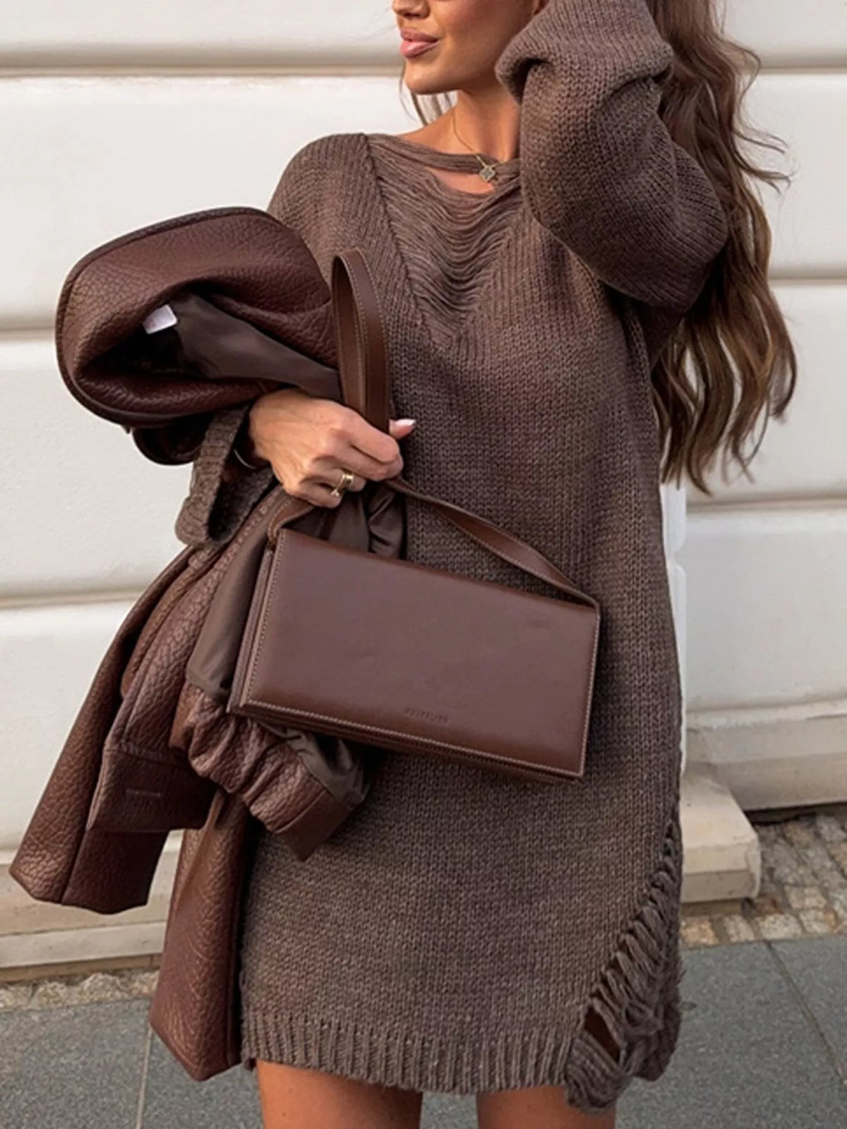 Distressed Dropped Shoulder Sweater Dress - Coffee Brown - View 2