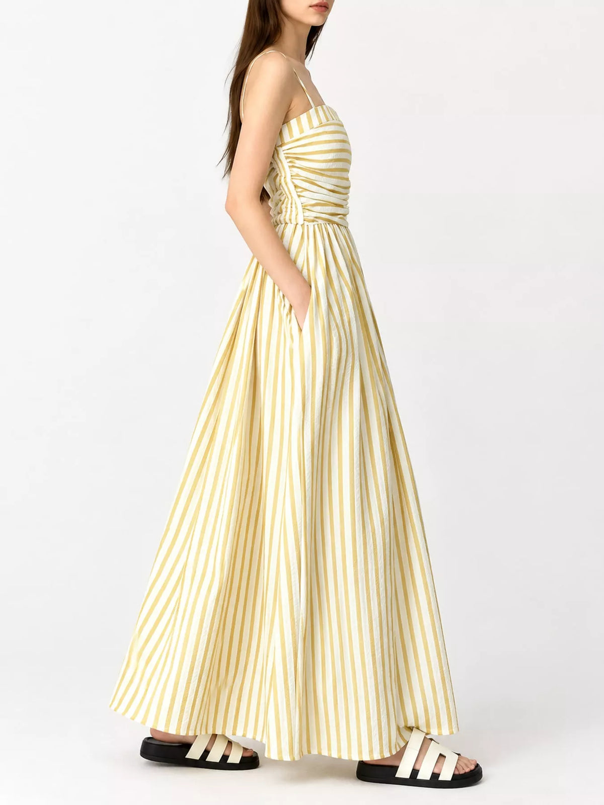 Striped Spaghetti Strap A-Line Maxi Dress - Yellow - View 12