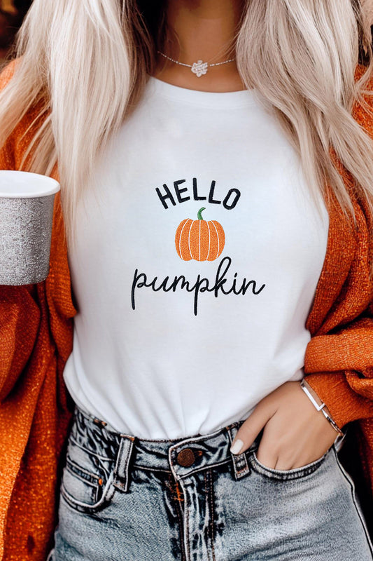 White Embroidered Pumpkin Slogan Short Sleeve T-Shirt - White - 2