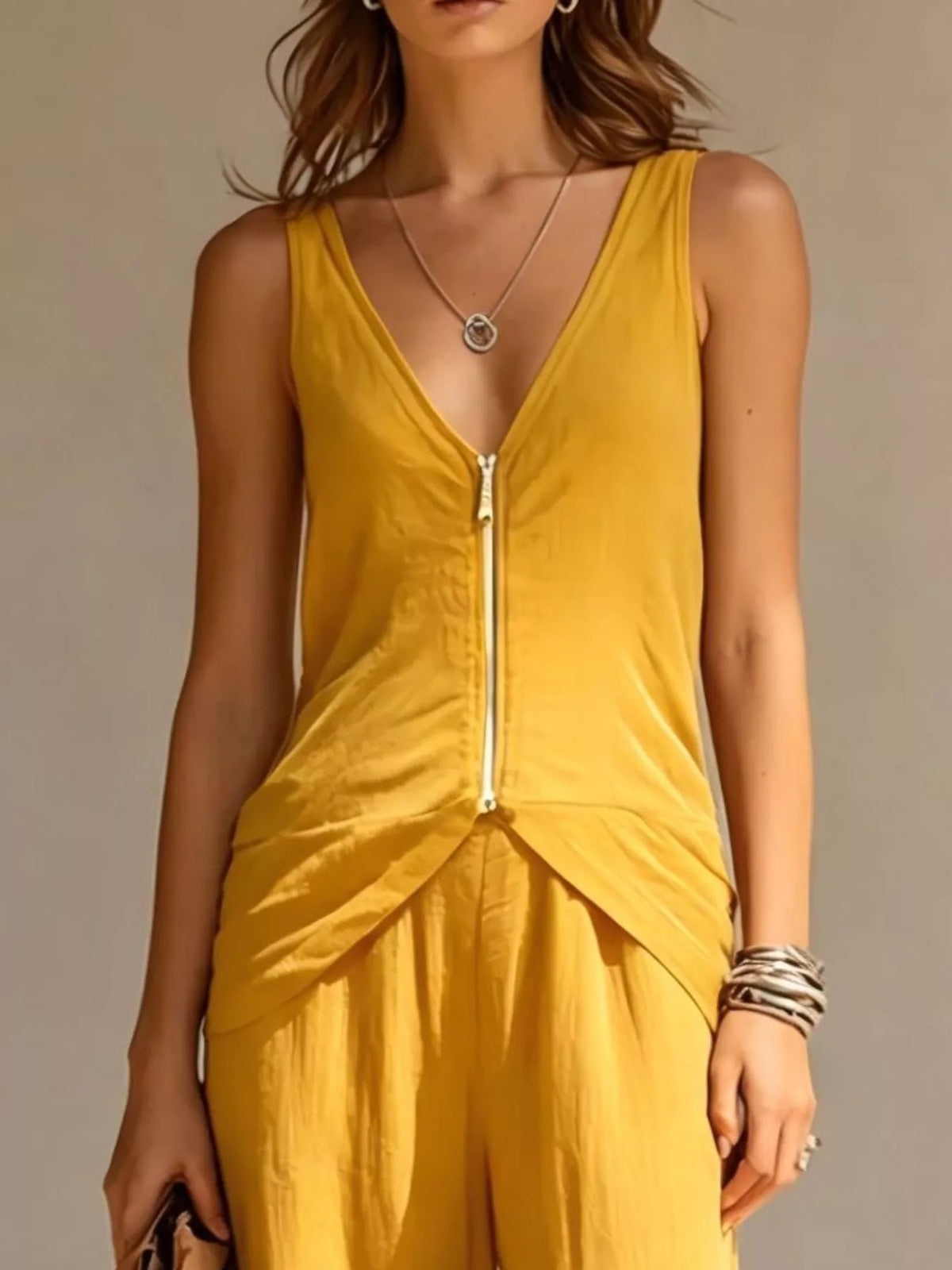 Full Size Zipper Front Tank and Wide-Leg Pants Set Plus Size - Yellow - View 2