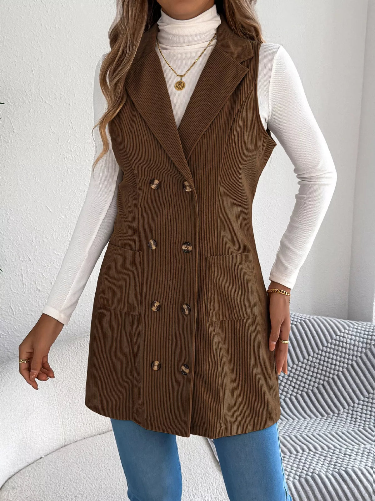 Double-Breasted Long Vest Coat - Coffee Brown - View 15