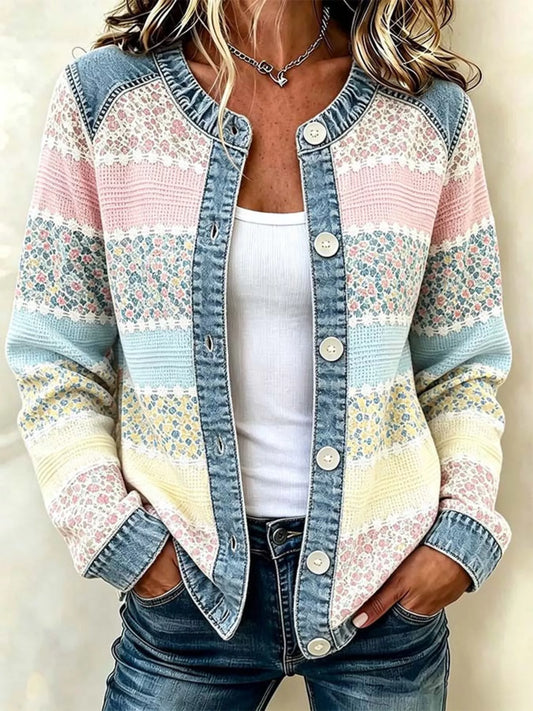 Full Size Floral Patchwork Denim Trim Jacket Plus Size - Pastel Yellow - View 1