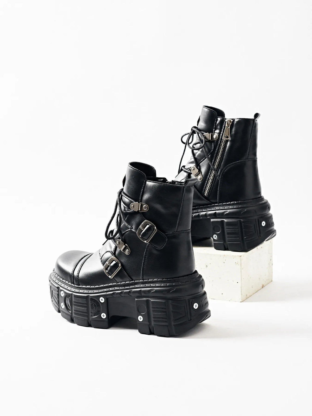 Lace Up Platform Boots - Black - View 9