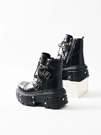 Lace Up Platform Boots - Black - View 9